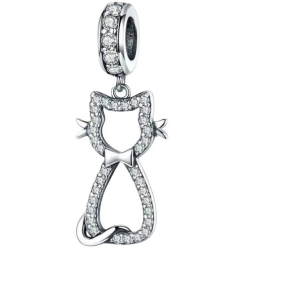 925 Sterling Silver Kitty Cat Dangle Charm - Picture 1 of 7